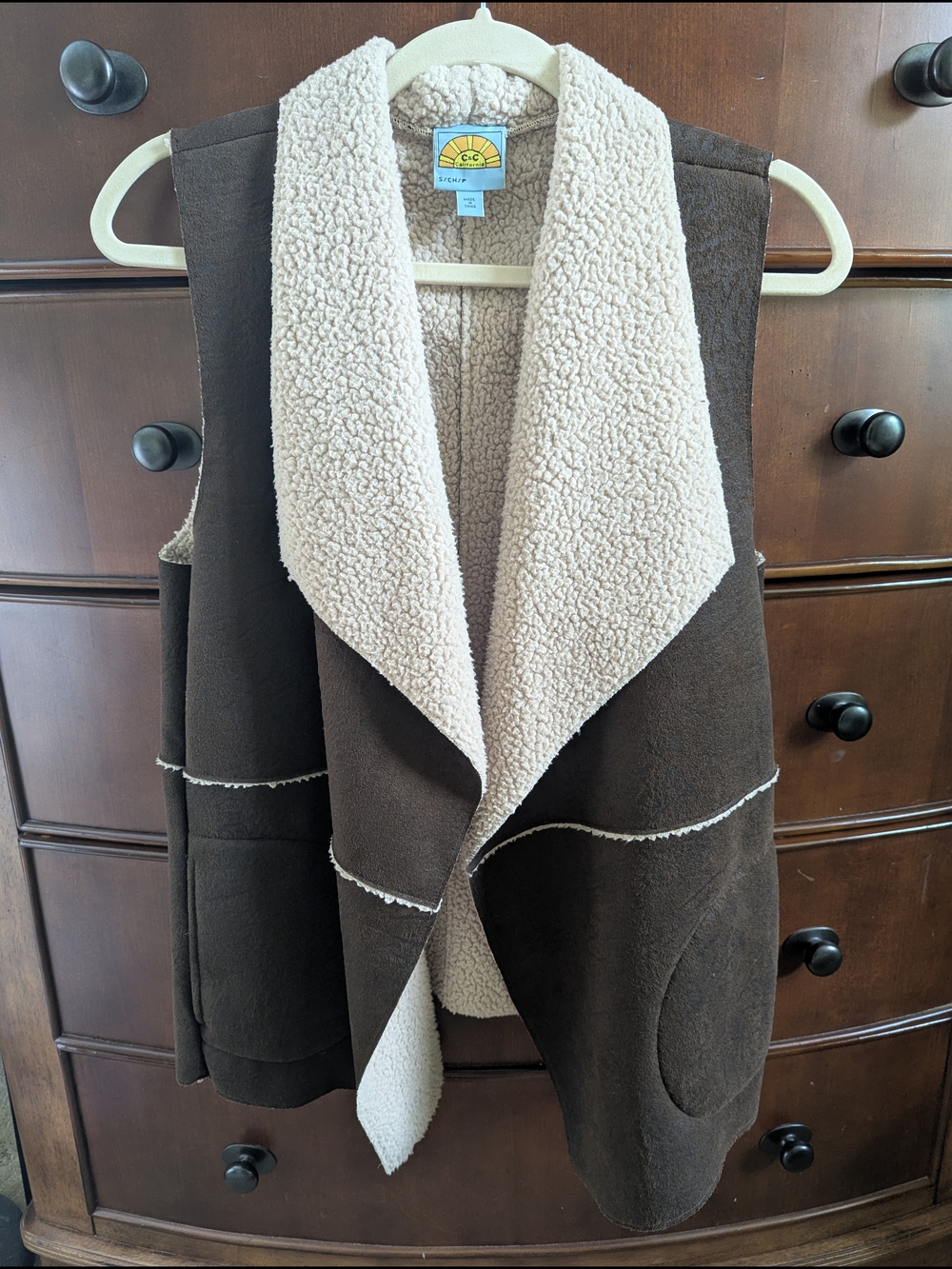 C&C California Brown Vest with Cream Sherpa Collar and Lining